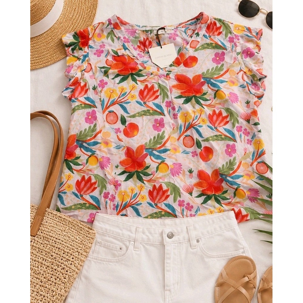 Cynthia Rowley NWT 1X Tropical Floral Top Flutter Sleeve Resort Cruise Plus
